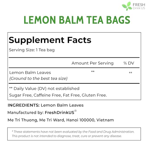 Image of FreshDrinkUS, Lemon Balm Tea Bags | 40 Count |100% Pure Melissa officinalis - Naturally Herbal Tea | Caffeine-Free, Premium Quality, Refreshing Flavor, Sustainably Sourced