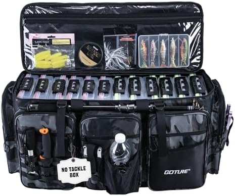 Goture Large Tackle Bag,Water Resistant Saltwater Gear Storage Big Fishing Bag with EVA Bottom,Store Up to 12PCS 3700 Plus 5PCS 3600 Tackle Trays(Not Included),Gifts for Men(26.38"x15.35"x11.42")
