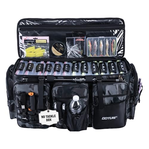 Goture Large Tackle Bag,Water Resistant Saltwater Gear Storage Big Fishing Bag with EVA Bottom,Store Up to 12PCS 3700 Plus 5PCS 3600 Tackle Trays(Not Included),Gifts for Men(26.38'x15.35'x11.42')