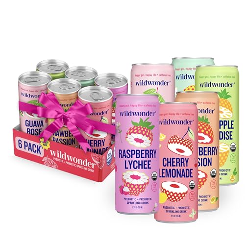wildwonder Sparkling Probiotic Drink 6pk, For Gut Health & Immune Support, Classic Variety Pack, 5g Prebiotic Fiber, Live Probiotics, Organic, Vegan, Low Sugar, 6 Pack, 12oz Can, Seen on Shark Tank