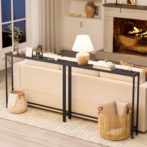 Image of VASAGLE 39.4 inch Console Table Set of 2, Couch Tables with Outlets for Sofa | Narrow Behind Couch Table with 2 Hooks, 78.8 inch, Easy Assembly, for Entryway, Living Room, Ebony Black and Ink Black ULNT078B01