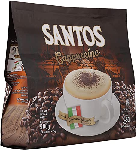 Santos Cappuccino Premix Instant Coffee 3-in-1 with Chocolate Granule Made of Cocoa Powder and Palm Sugar (Wrapped Separately) - Net Weight 500g (20 Sachets in Each Pack x 25g) – Pack of 2