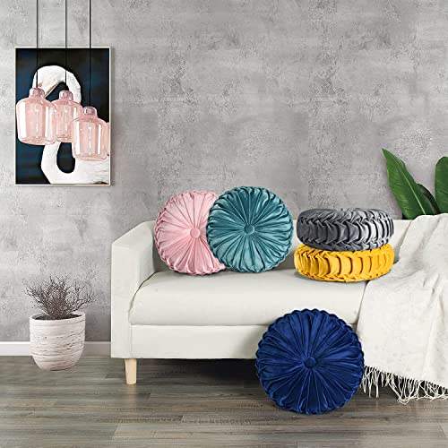Image of HIG Set of 2 Decorative Round Pleated Throw Pillows, Classy Accent Pumpkin Throw Pillows with Center Button, Vintage Velvet Floor Pillows for Sofa Vanity Chair Bed, Dark Gray, 14.5 inch Diameter(Ripple)