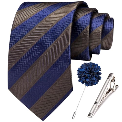 Image of Hi-Tie 63 inches Striped Paisley Extra Long Ties for Men Silk Necktie with Lapel Pin Tie Clip Big and Tall Men Formal Wedding