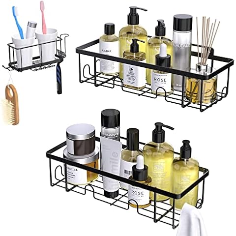 Estefanlo Shower Caddy No Drill 3 Pack Bathroom Shelves with Hooks Adhesive Bathroom Storage Black Shower Shelf Cover