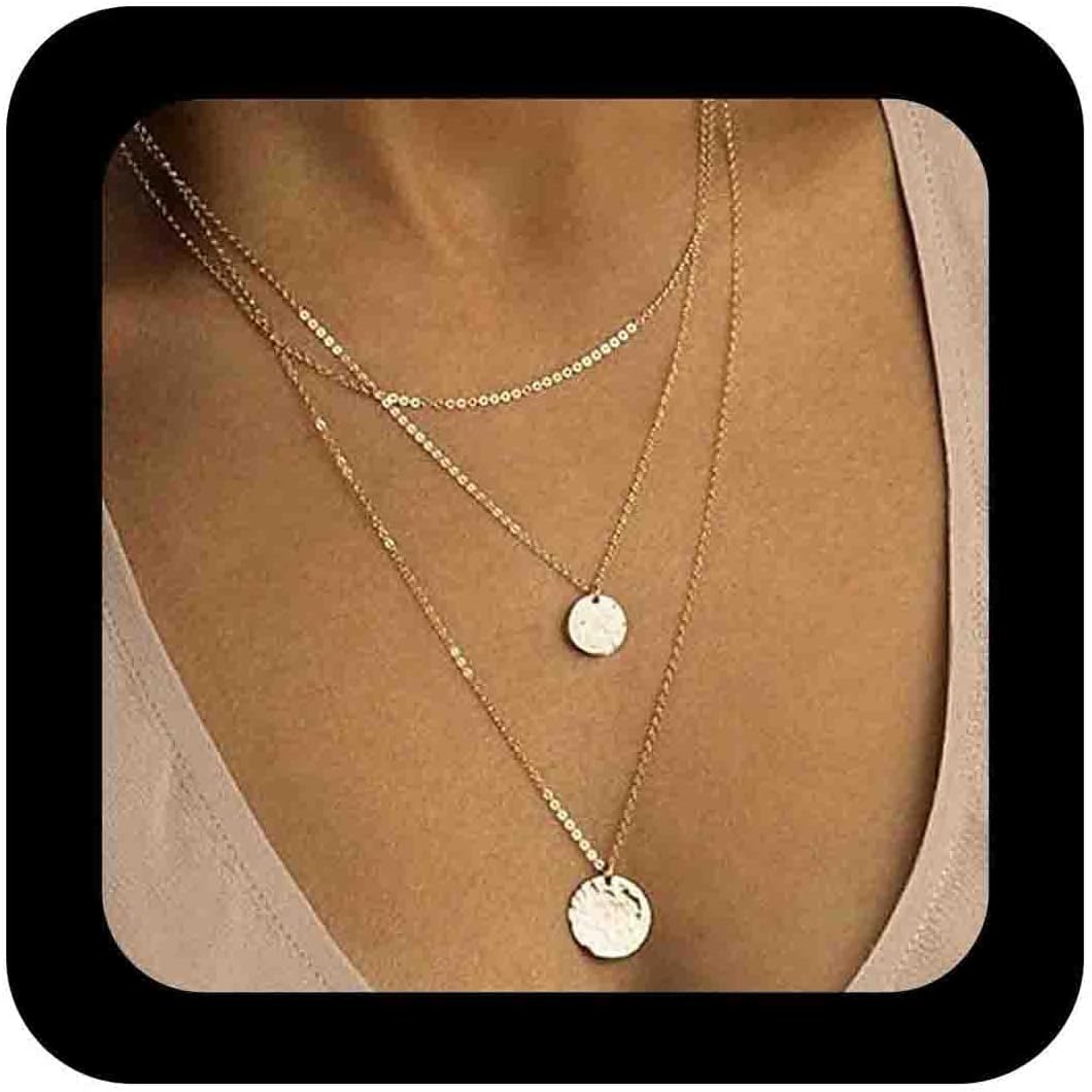 Boho Plated Layered Gold Disc Pendant Necklace Round Hammered Disc Necklace Layering Coin Chain Necklace Vintage Multi Layer Necklace Chain Jewelry for Women