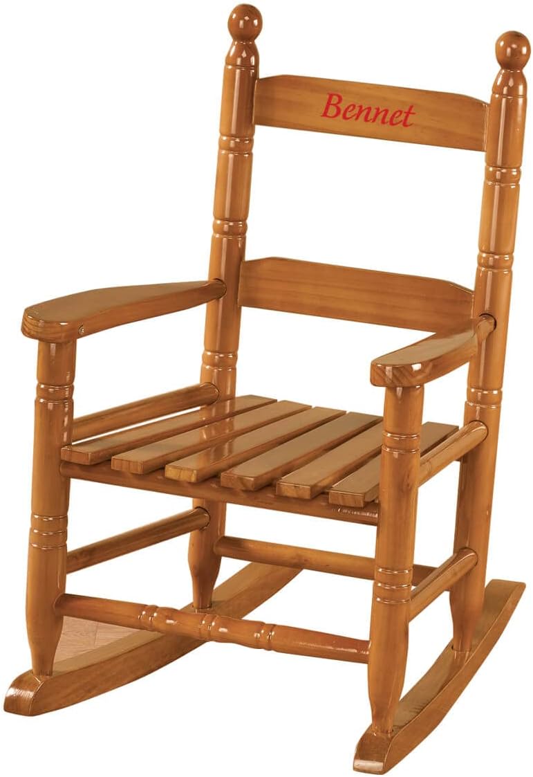 Miles Kimball Personalized Children’s Rocking Chair, Features Classic Rocker Design and Hardwood Construction, Natural Finish with Red Font