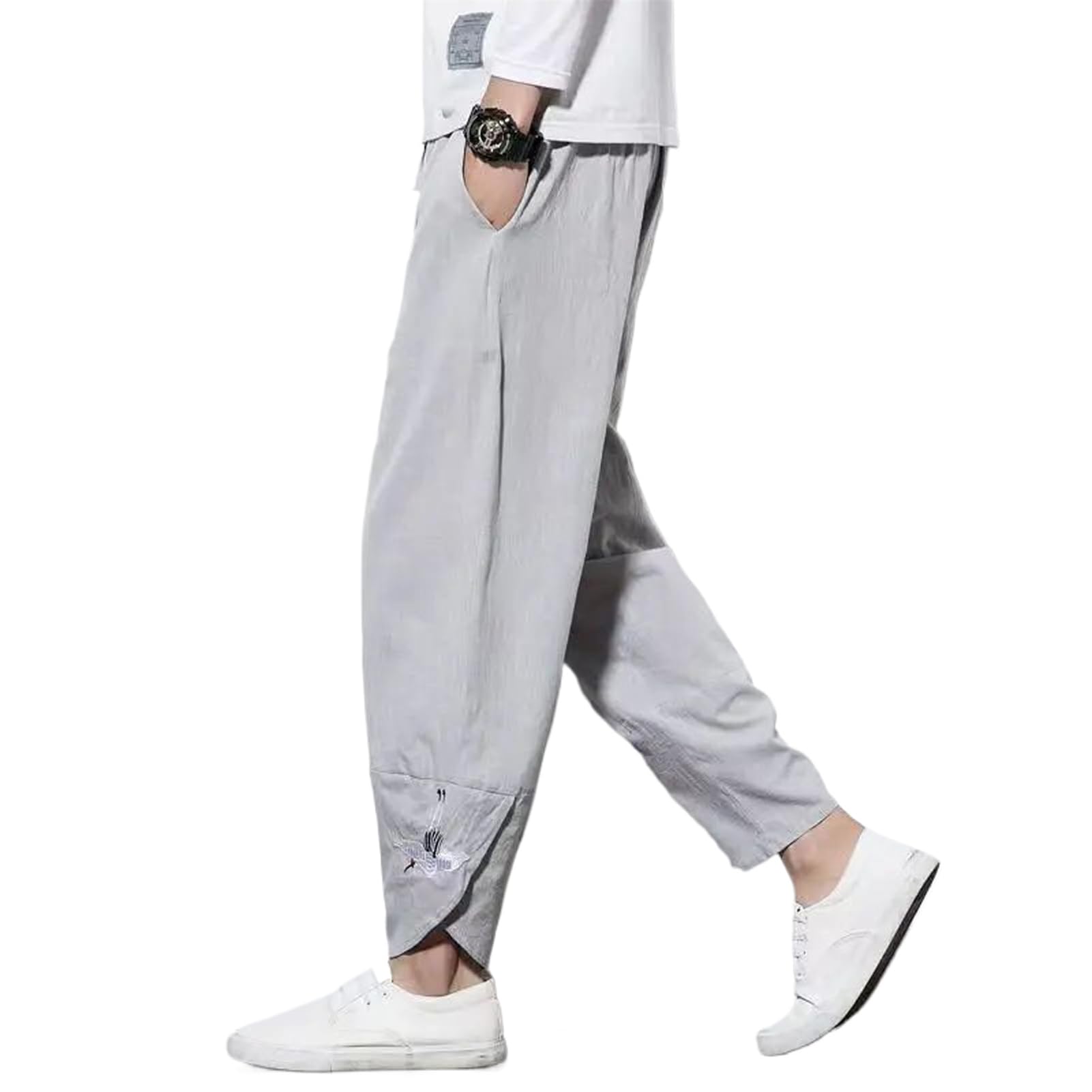 Pantaloni da uomo in cotone e lino casual stile cinese con ricamo a gru Harlan pantaloni corti primavera estate allentati retrò pantaloni