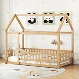 Bellemave Twin Size House Floor Bed Frame,Wooden Montessori Floor Bed with Fence for Kids,Twin Size Kids Bed,Natural