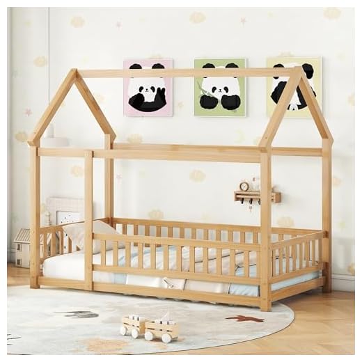 Bellemave Twin Size House Floor Bed Frame,Wooden Montessori Floor Bed with Fence for Kids,Twin Size Kids Bed,Natural