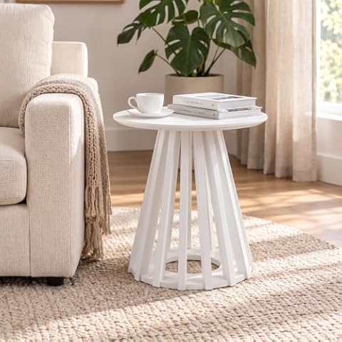 HNY Round Fluted Small Side Table, 19.7" Modern End Table Nightstand, White — $45.99 (26% off)