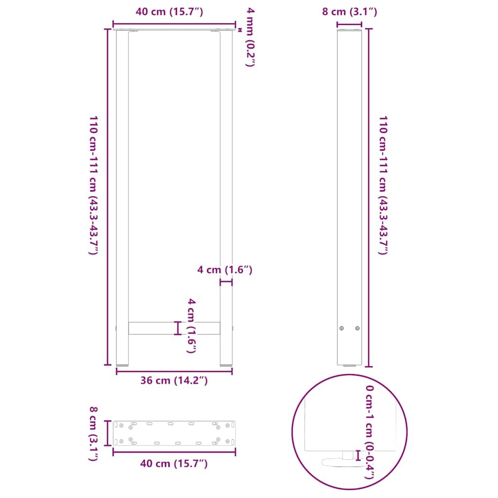 vidaXL Patas para Mesa de Bar de Acero Natural (2 Unidades, 40 x 110-111 cm)