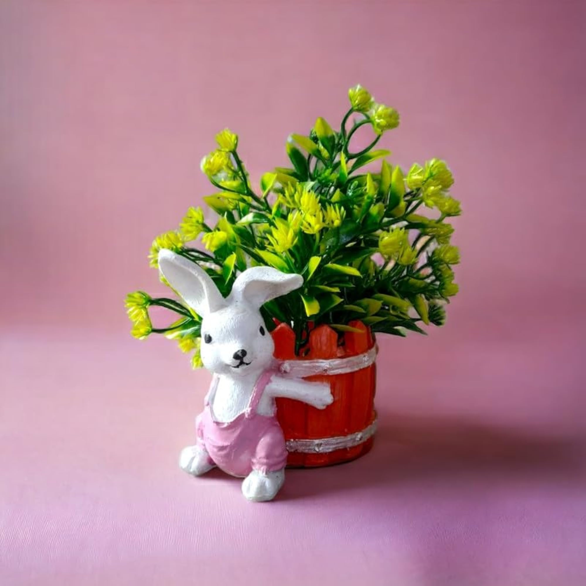 Pink Rabbit Holding Basket with Green Leaf Flare, Artificial Plant