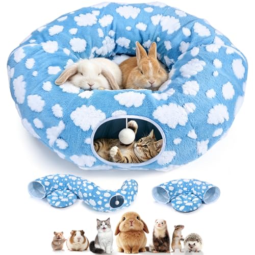 3 en 1 Lit Tunnel pour Lapins, Rond Tunnel avec lit Pliable avec Coussin – Vignette