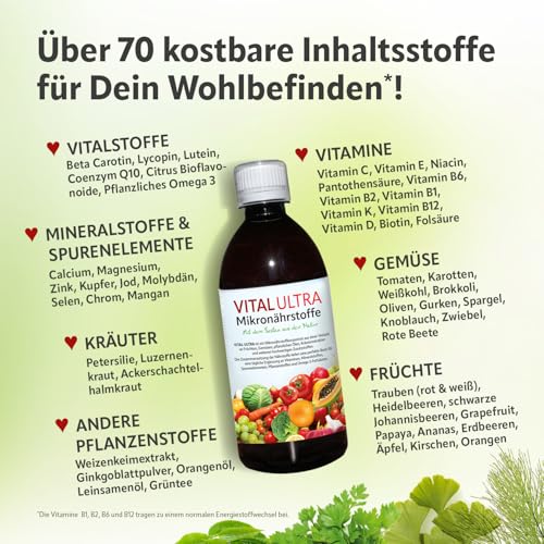 Vital Ultra - 480 ml - Mikronährstoffkonzentrat mit Vitaminen, Mineralien, Spurenelementen, Pflanzenstoffen und Omega-3-Fettsäuren - flüssiges Lebensmittel aus über 70 Zutaten mit bis zu 60 Portionen