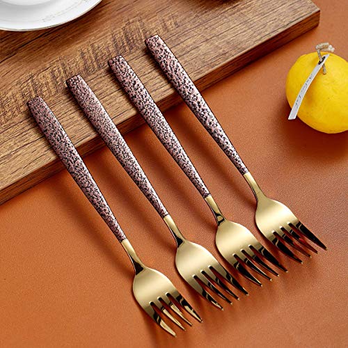 Berglander Dinner Forks Set Of 4 With Moon Surface Handle And Shiny Gold Head, Stainless Steel Fork Set Silverware Dishwasher Safe #TOP2