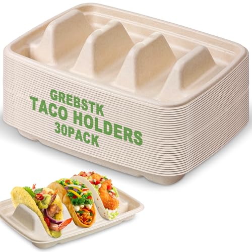 GREBSTK 30 Pack Disposable Taco Holders, Compostable Bagasse Pulp Taco Plates with 3 Dividers for Taco Tuesday Party, Lazy Susan Bar Serving Set for Tacos, Hot Dogs, Sandwiches