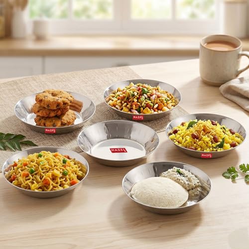 Image of HAZEL Stainless Steel Small Copri Plate 15.5 cm, Pack of 6 | Hammered Design Snacks Plate Nasta Plate for Serving Food & Daily Use, 400ml