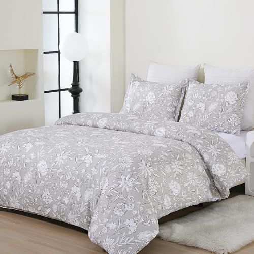 Vaulia Soft Microfiber Duvet Cover Set with 2 Pillow Shams, Floral Print Pattern Design, 3-Piece Set (1 Duvet Cover and 2 Pillow Shams) Gray Color, Queen Size