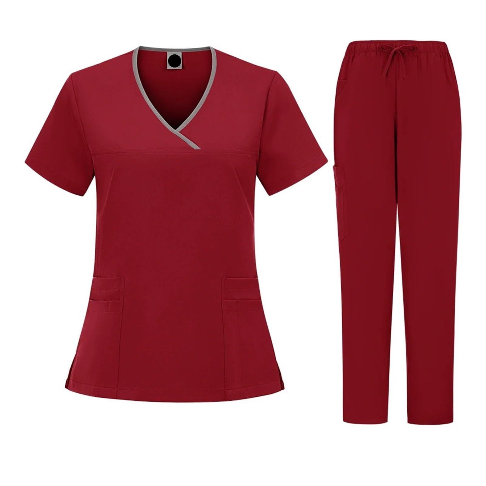 AHUFGN Nurse Scrubs Women Plus Size Scrubs Set Women Medical Nurse Uniforms Stand Neck V-cut Scrub Top Jogger Pants Vet(Wine red,XL)