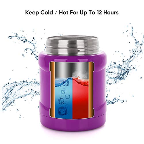 Nomeca Insulated Food Jar Thermos Lunch Container with Folding Spoon, 16 Oz Stainless Steel Double Wall Vacuum Hot Cold Food Container Wide Mouth Leak Proof Lunch Box for Kids Adults - Purple