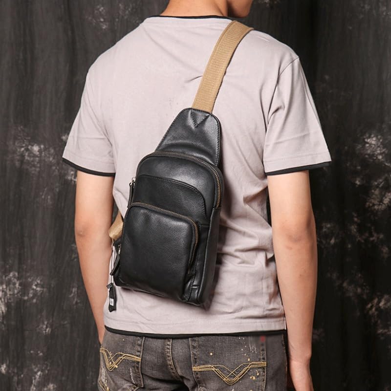 Men's Crossbody Backpack with Chest Strap Genuine Leather Large Capacity Single Shoulder Bag