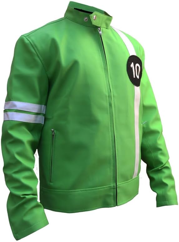 Green Alien Swarn Tennyson Ben - Ten Jacket Faux Leather Green and White Biker Jacket For Men - Image 2