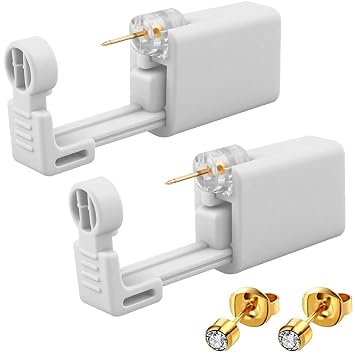 Ear Piercing Kit, 2-Pcs No Pain Easy Use at Home Ear Piercing Gun Kit Tool with Earrings Stud Gold+White