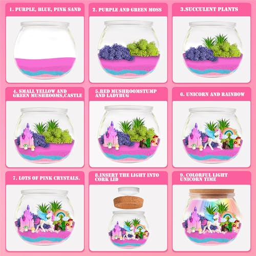 Unicorn Terrarium Craft Kits, DIY Craft with Colorful LED Night-Lights, Birthday Gifts for Kids Age 5 6 7 8-12 Year Old Girl Gift, Decorative Accessories, DIY Activity for Kids - Image 4