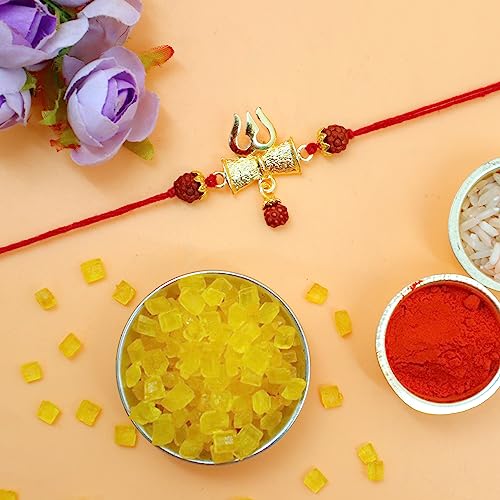 Image of JAIPUR ACE Premium Rakhi Gift Hamper Bhiya Bhabhi Evil Eye Rakhi with Shagun Mithas Kesar Misri and Roli Kumkum Perfect for RakshaBandhan Celebration with Brother /Bro (Mahadev Trishul Rakhi)