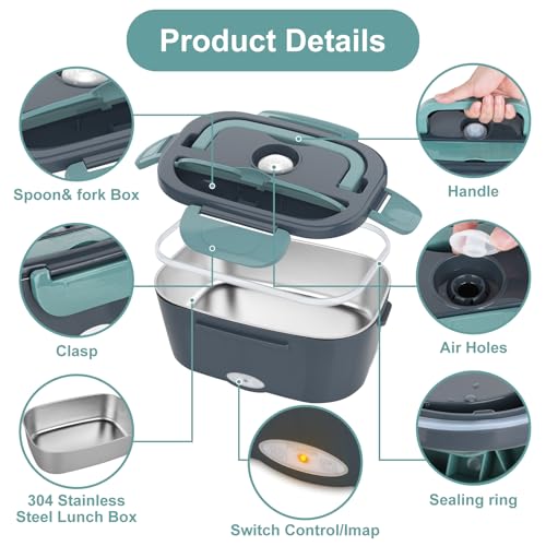 Image of Herrfilk 80W Electric Lunch Box Food Heater, Thermal Heated Lunch Boxes for Adults with Insulated Lunch Bag, 2 x 1.5 L Removable 304 SS Food Containers, Leakproof, 12V /24V /230V for Car Truck & Home