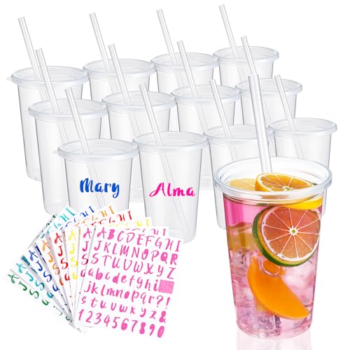 Nuanchu 14oz Plastic Cups with Lids and Straws, Clear, 12 Pcs