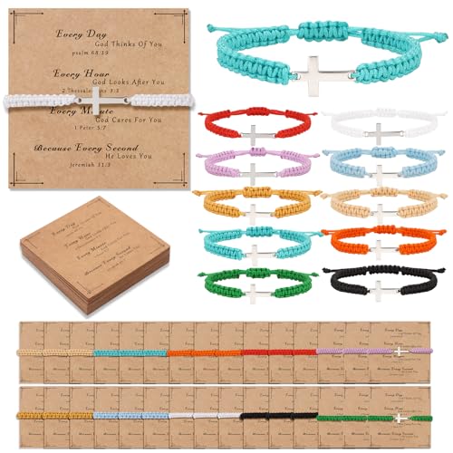 Raicegs 30 Pieces Friendship Bracelet Bulk for Women Men Cross Flower Charm String Bracelet Adjustable Braided Bracelet Inspirational Gifts Teacher Birthday Graduation