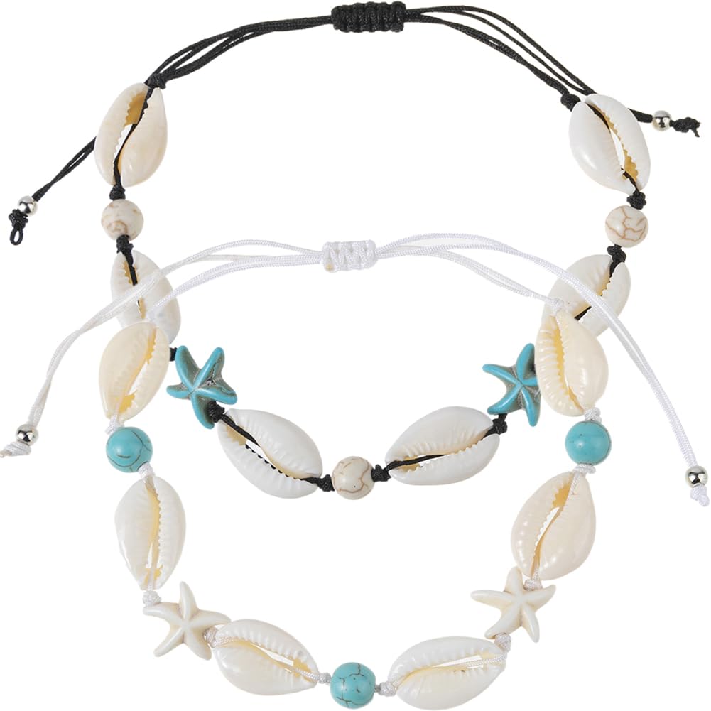 QWEPU Pulsera de Concha, Conchas Pulseras, Brazalete Ajustable de Estilo Hawaiano, El viento marino de verano en la playa puede ajustar el brazalete de estrella de mar de concha.