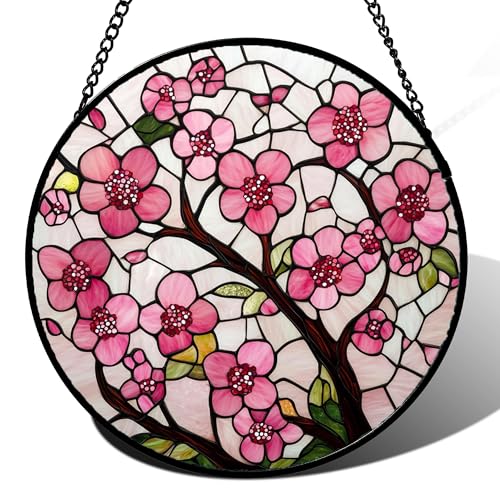 Pink Cherry Blossoms Stained Glass Window Hanging Suncatcher Gifts 7.8"