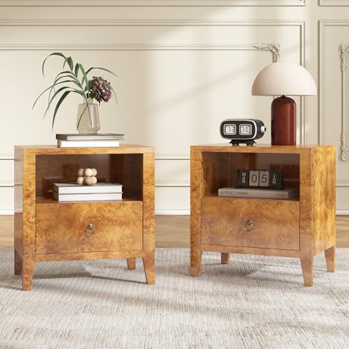 Image of AMERLIFE Nightstand Set of 2, Mid Century Modern Bedside Table with Drawer and Open Shelf, High Gloss Burl Wood Night Stand for Bedroom, Retro Yellow Wood Grain