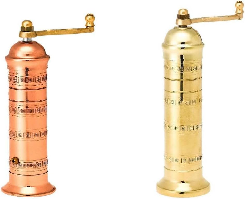 The European Authentic Greek 2-Piece Mixed Brass & Copper set: Copper Pepper Mill Grinder mill 7.5" / 7.5-inch & Brass Salt Mill 8" / 8-inch Elegant- Absolutely Exquisite Luxury Kitchen Gift Shaker