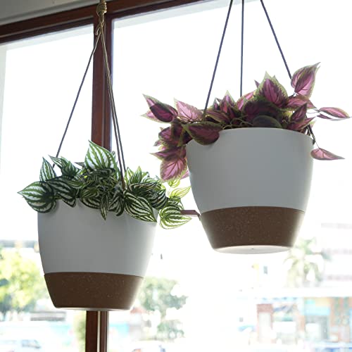 Swinduck 10 Inch Self Watering Hanging Pots, 2 Pack Hanging Planters With 40Oz Deep Reservior For Indoor Outdoor Plants Flowers, White With Brown #TOP5