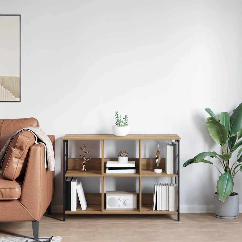 Regał na książki, 6 półek, 102 x 32 x 72,5 cm, drewno wielowarstwowe | Kolor dębowy, rama stalowa, regulowane nóżki, wolnostojące, do salonu biura