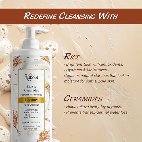 Image of Raissa Rice & Ceramides soap free Face Wash for Normal to Dry Skin, |Creamy Cleanser with 4 Ceramides, Niacinamide & Rice Extract |200ml