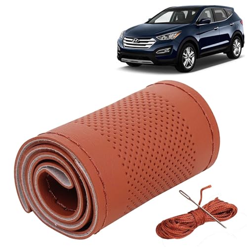 Image of KINGSWAY PU Leatherite Car Steering Cover Sewable Compatible with Hyundai Santa Fe (Year 2013-2017), Tan Color with Tan Thread, Pack of 1 with Sewing Needle and Thread