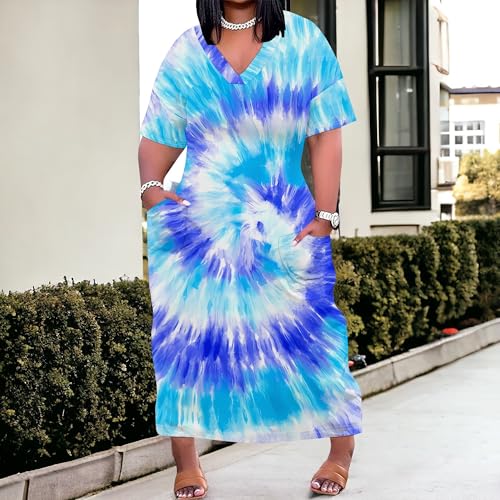 Image of SUZONANA Plus Size Dresses for Curvy Women Maxi Dress Tie Dye Oversized Summer Outfits Short Sleeve Long Casual Sundresses 5XL