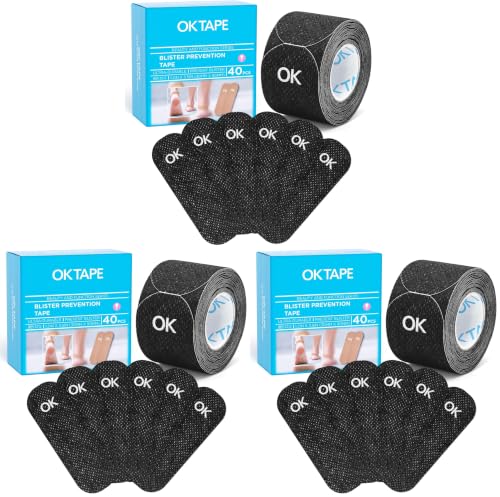 Image of OK TAPE Pre-Cut Blister Bandages for feet | Blister Prevention Tape for Feet, Fingers, Toes | 1.2in x 3.5in,Black,40pcs (Pack of 3)