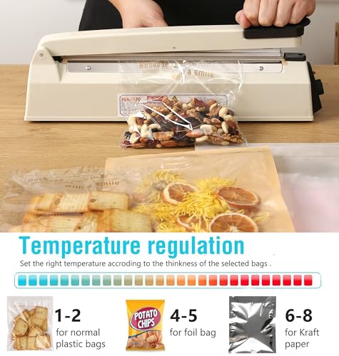 Impulse Sealer 12 inch Manual Heat Sealer Machine with Adjustable Heating Mode, ABS Shrink Wrap Bag Sealers for Plastic PE PP Bags, Portable Poly Bag Sealing Machine with Extra Replace Kit(Ivory)