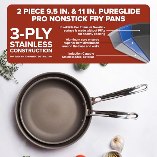 Image of Viking PureGlide Pro 3-Ply Nonstick Frying Pans, Made without PFAS, 2-Piece Induction Fry Pan Set, 9.5 and 11-Inch, Metal Utensil Safe Titanium Nonstick Surface, Oven Safe to 600F