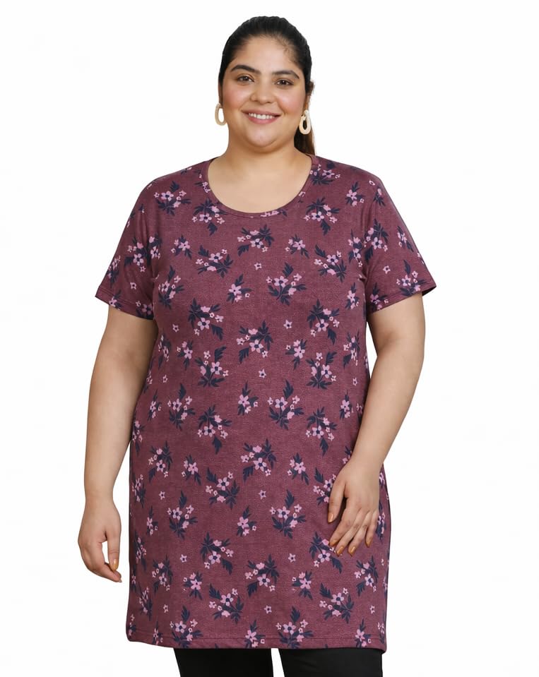 Image of RYSH Women's All-Over Printed Cotton Plus Size Longline T-Shirt with Pockets