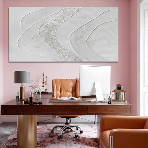Hand-Painted White Textured Wall Art for Living Room Framed 24x48 Inch — view 6