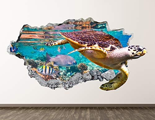 West Mountain Turtle Wall Decal Art Decor 3D Smashed Kids Ocean Sticker Mural Home Gift BL07 (22" W x 14" H)