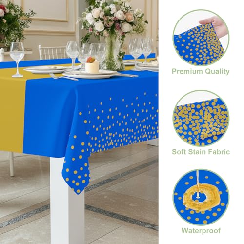 Image of Smiry Plastic Table Cloth Disposable 3 Pack, 54 x 108 Inch Rectangle Waterproof Tablecloth, Printed Gold Table Runner Style for Birthday Weeding, Party Decorations, Leakproof & Sturdy, Blue and Gold