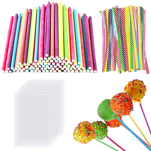 UGBO Batonnet Pop Cake Baton Sucette Pop Cake Sac de Bonbons 100 Batonnet Popcake avec 100 Petit Sachet Bonbon Transparent et 100 Lien Torsadé Bâton Sucette...
